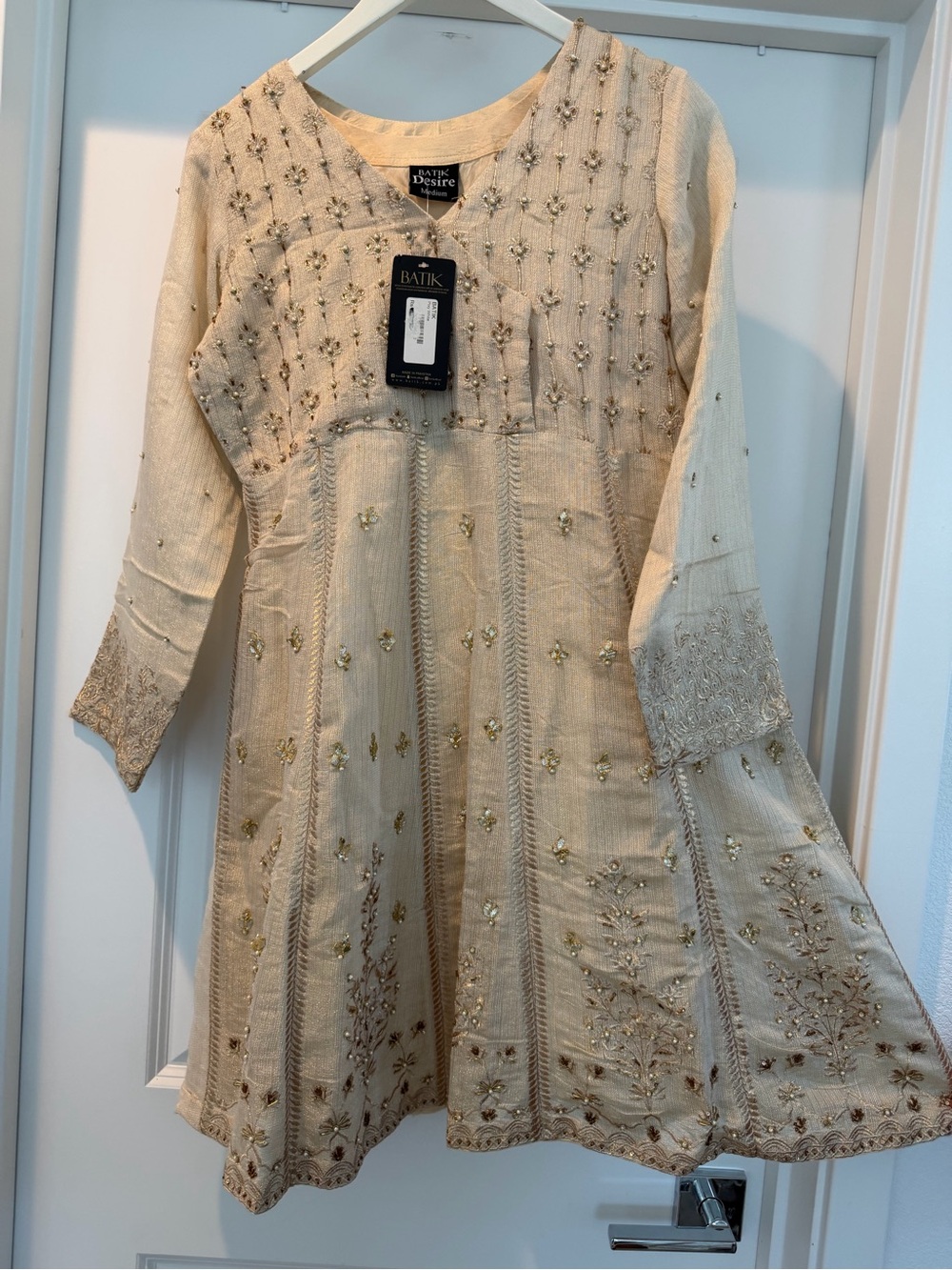 Women's Embroidered Cream Long-Sleeve Pakistani Dress